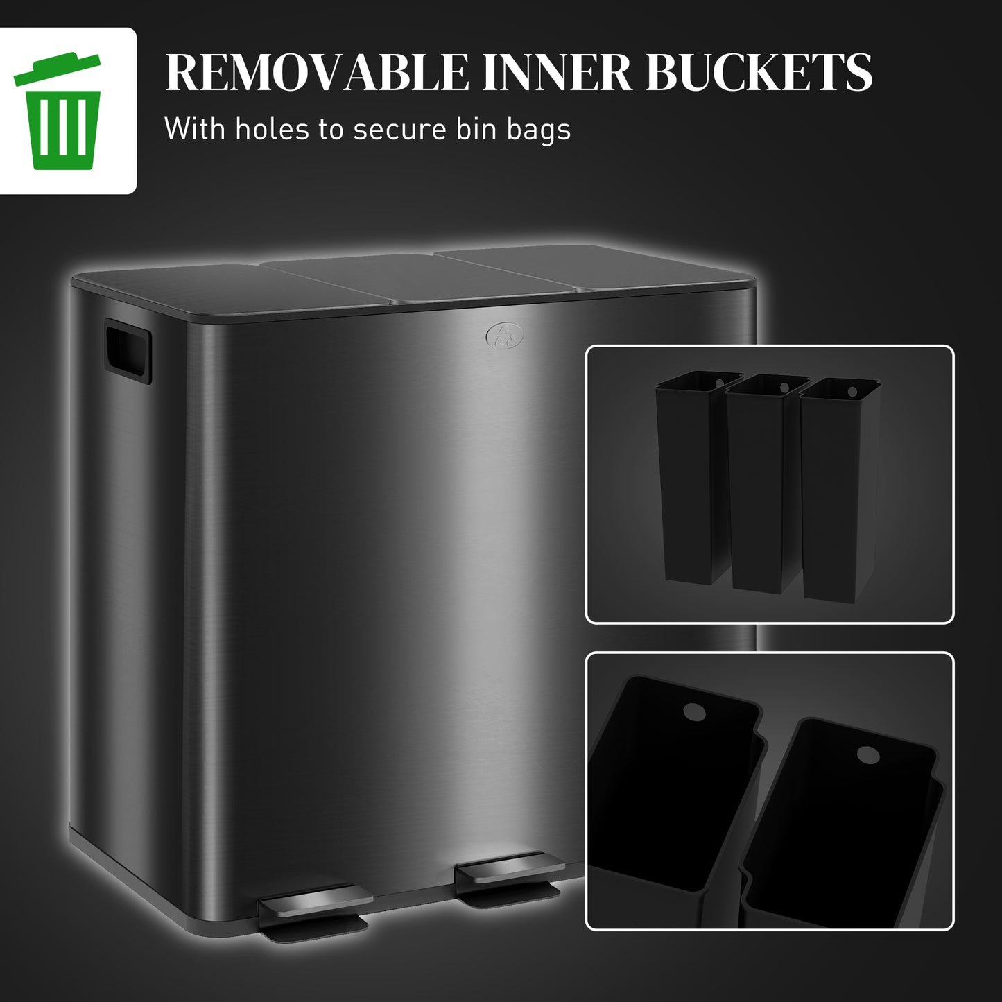 3 x 15L Pedal Bin, Steel Triple Kitchen Bin with Soft Close Lid, Removable Inner Buckets, Fingerprint-Proof, Black