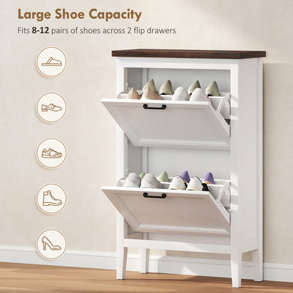 Farmhouse Narrow Shoe Cabinet | 2 Flip Drawers | 8-12 Pairs | White