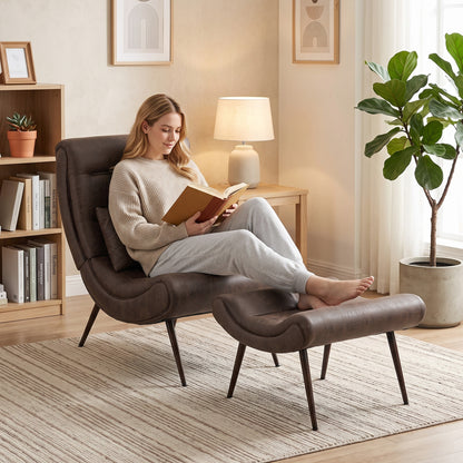Dark Brown Accent Chair with Footstool | Upholstered Lounge Chair, Lumbar Pillow & Vintage Style | 120kg