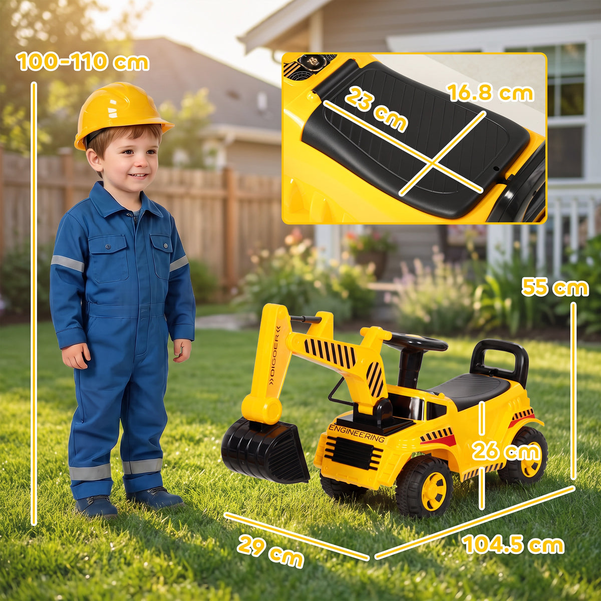 AIYAPLAY Kids Ride-On Digger | Foot-Powered Excavator | Detachable Digging Arm & Bucket | Horn & Helmet | Yellow & Black | Ages 1–4