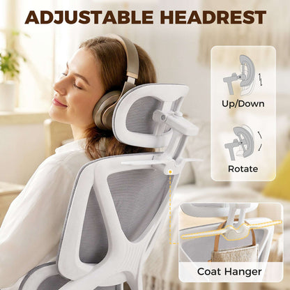 Ergonomic Office Chair | Adjustable Headrest | 3D Armrests | Lumbar Support | 135° Recline | Footrest | Breathable Mesh | 135kg | Grey