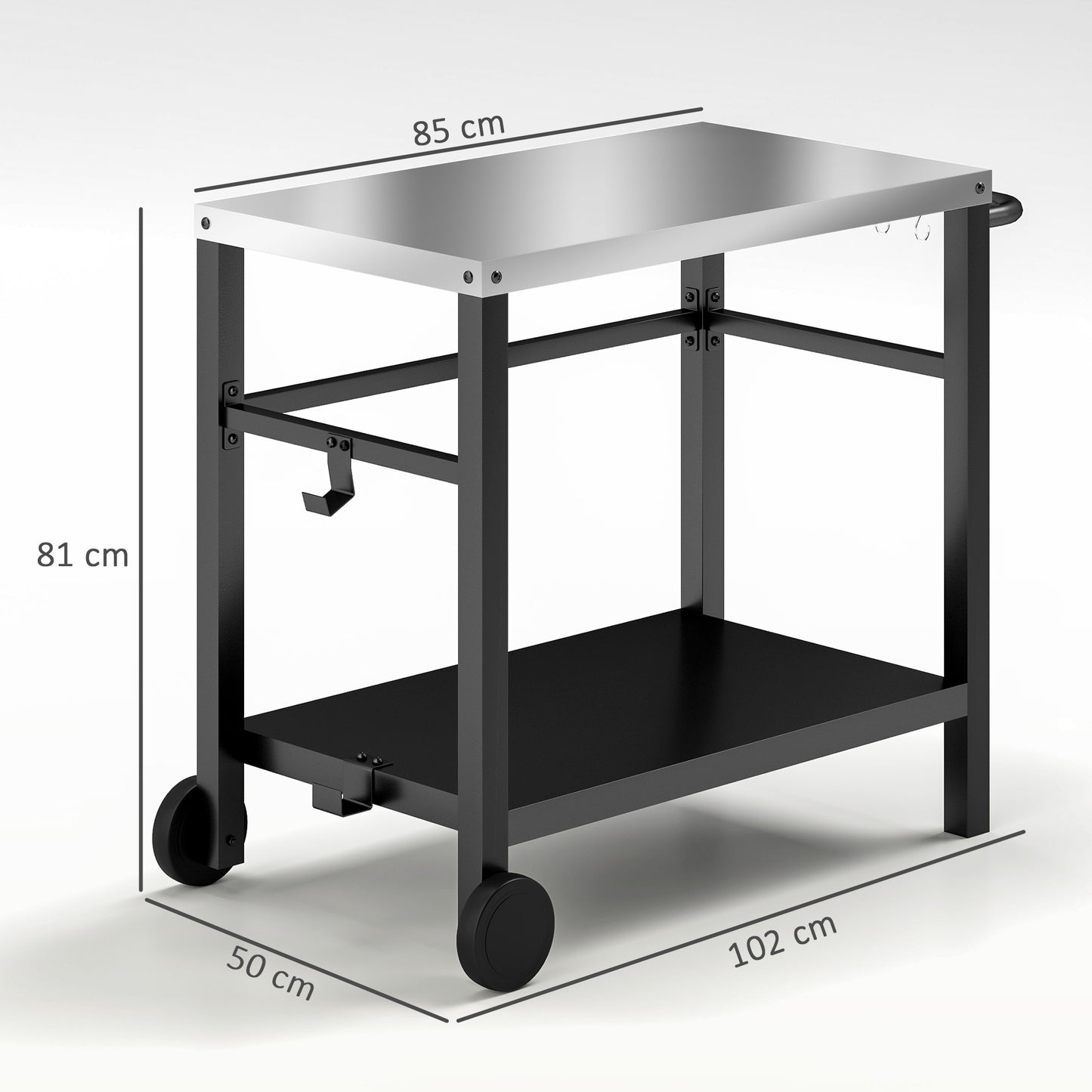 Outsunny Outdoor Grill Dining Cart 2-Shelf Movable Pizza Oven Table Stand with Stainless Steel Top, Portable BBQ Trolley Food Prep Outdoor Kitchen BBQ Station