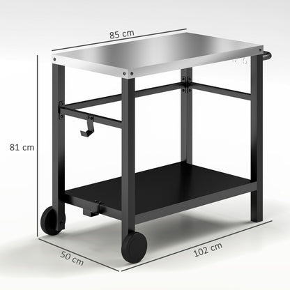 Outsunny Outdoor Grill Dining Cart 2-Shelf Movable Pizza Oven Table Stand with Stainless Steel Top, Portable BBQ Trolley Food Prep Outdoor Kitchen BBQ Station