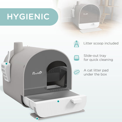 PawHut Hooded Cat Litter Box, Kitten Litter Tray, with Lid, Scoop, Filter, Flap Door, Light Grey