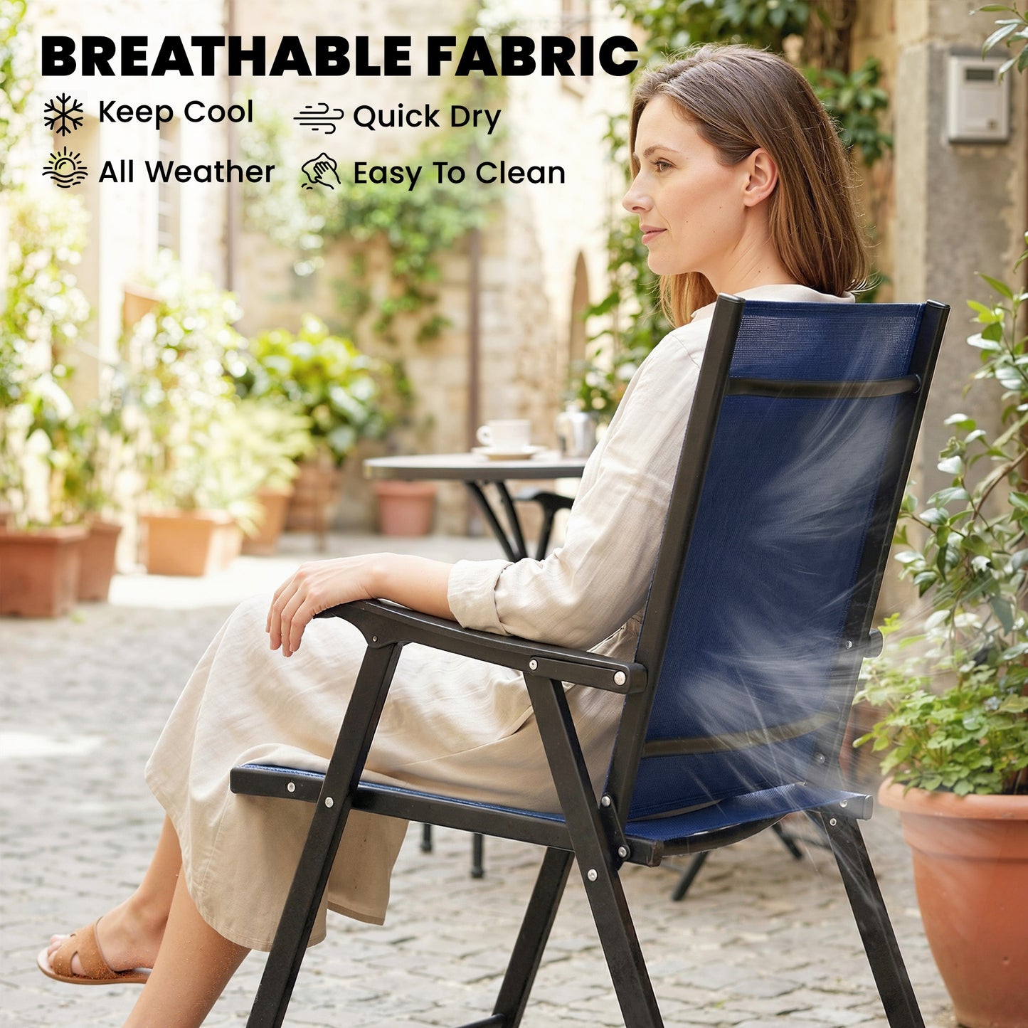 Set of 4 Folding Garden Dining Chairs | 60cm High Back | Curved Armrests | Texteline Fabric | 120kg | No Assembly | Navy Blue