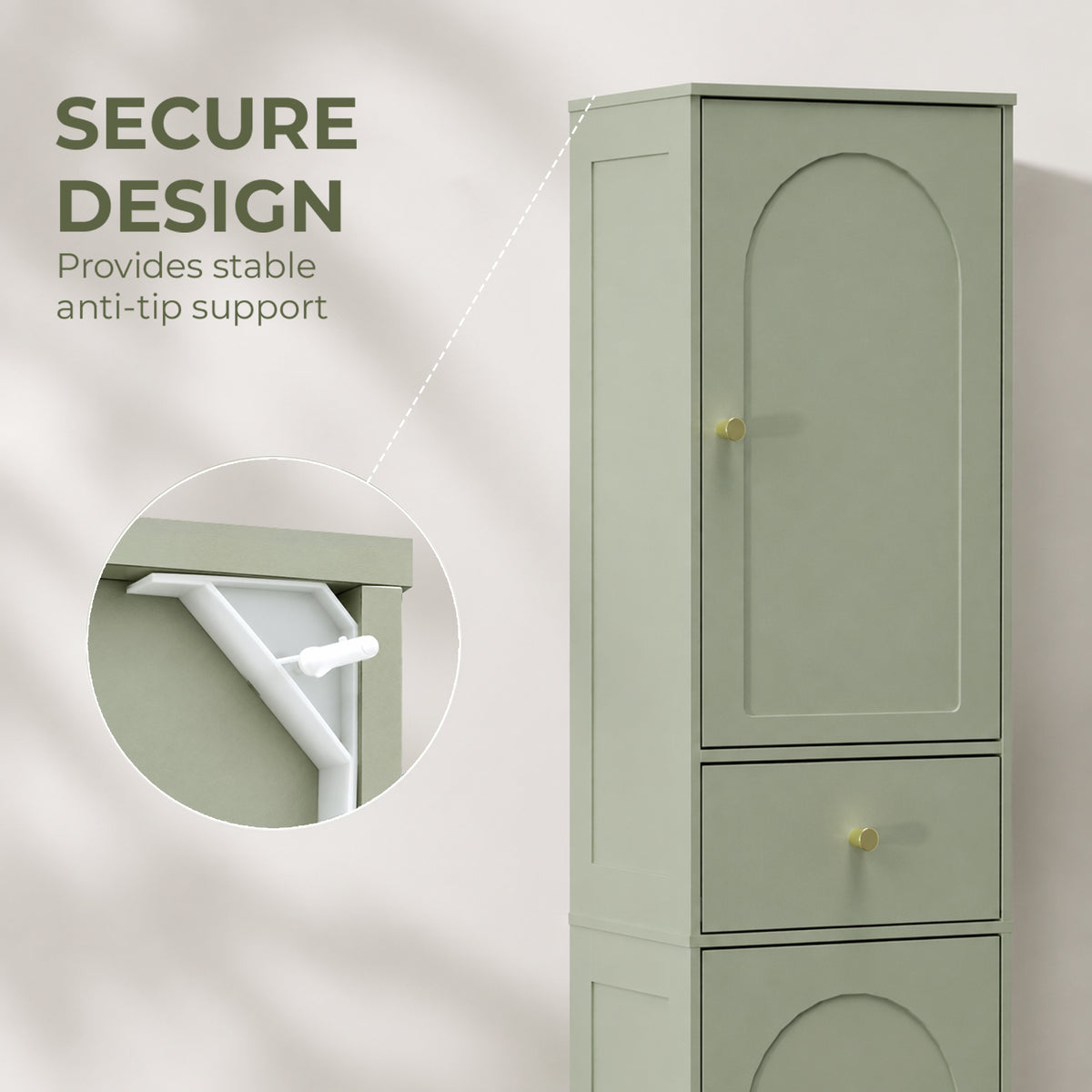 Tall Slim Bathroom Cabinet | Light Green | Particleboard MDF | 40x29.5x170cm | 2 Cupboards Drawer | Adjustable Shelf | Arched Doors Gold Knobs | Melamine | Anti-Tip Kit | 75kg