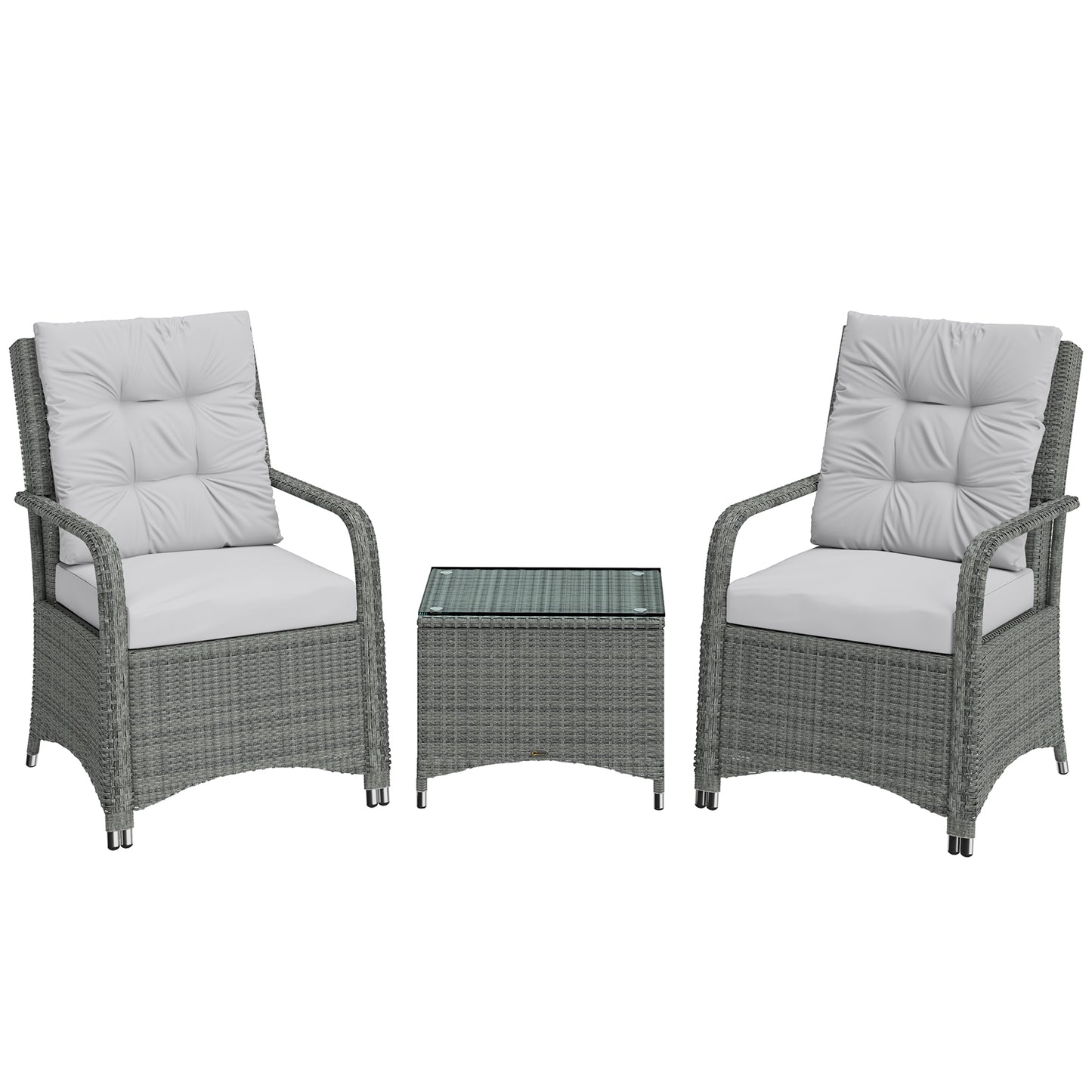 3-Piece Rattan Bistro Set | 2 Chairs, Glass Table & Cover | 10cm Cushions | EN-581 | Light Grey