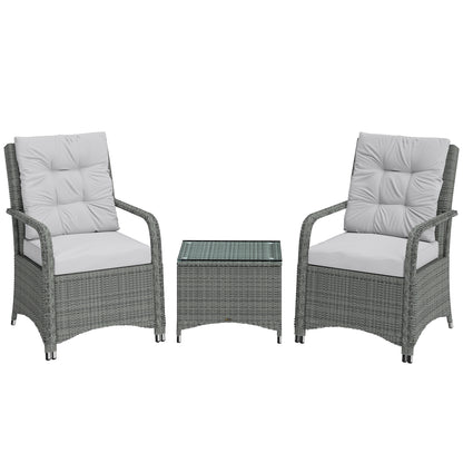 3-Piece Rattan Bistro Set | 2 Chairs, Glass Table & Cover | 10cm Cushions | EN-581 | Light Grey