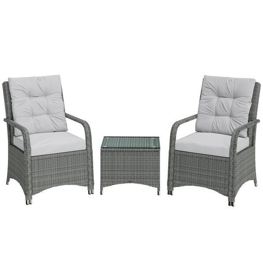 3-Piece Rattan Bistro Set | 2 Chairs, Glass Table & Cover | 10cm Cushions | EN-581 | Light Grey