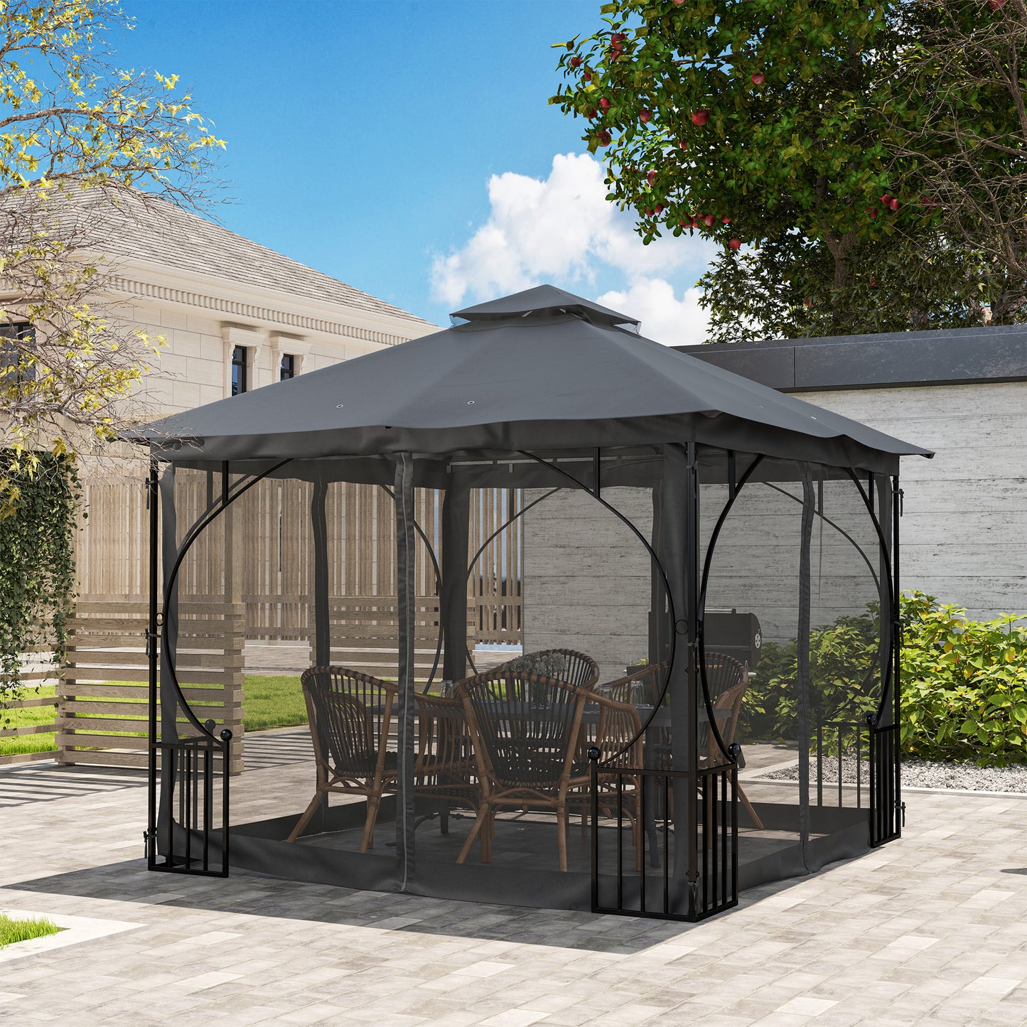 Outsunny 3 x 3(m) Garden Gazebo Patio Party Tent Shelter Outdoor Canopy Double Tier Sun Shade Metal Frame Netting, Dark Grey
