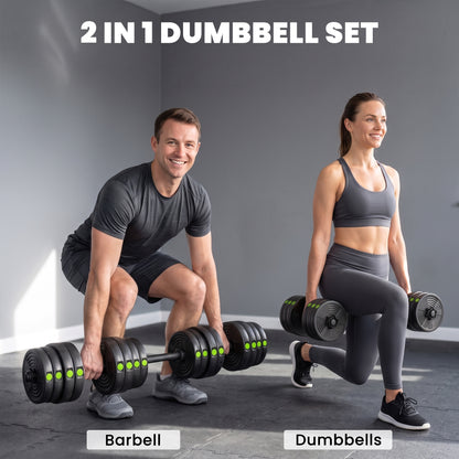 SPORTNOW 2-in-1 Adjustable Barbell & Dumbbell Set | Black & Green | 16 Weight Plates | 2.5kg 2kg 1.5kg 1.25kg | Barbell 105cm | Non-Slip Grips | Plastic-Coated | Home Gym Strength Training
