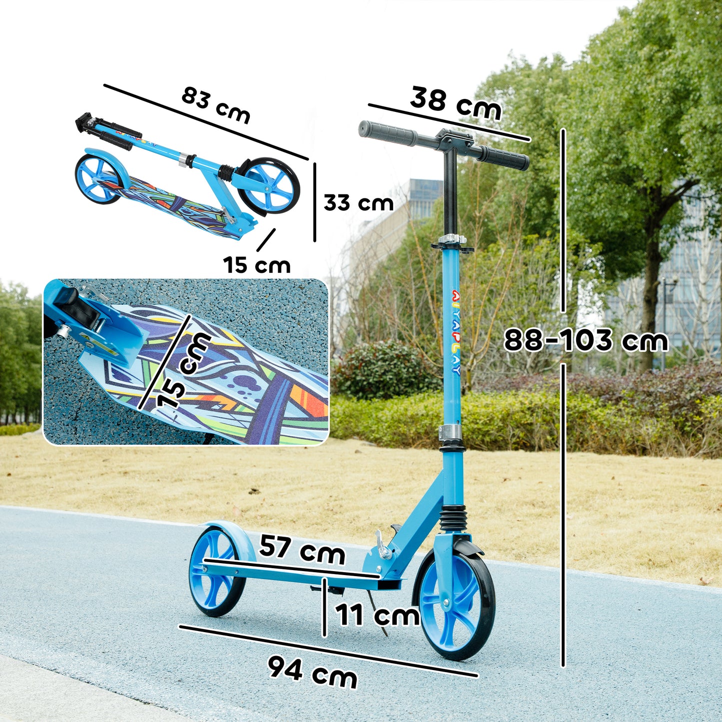 Foldable Kids Scooter with Adjustable Handlebar, 200mm Big Wheel, Rear Fender Brake, for Ages 6-12 Years, Blue / Green