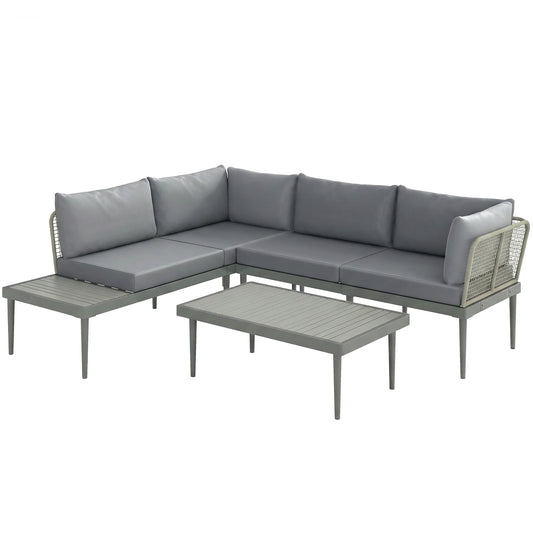 3-Piece Rattan Garden Sofa Set | 2 Loveseats | Acacia Wood End Table & Coffee Table | 10cm Seat & 20cm Back Cushions | Washable Covers | 320kg Capacity | PE Rattan & Steel | Grey