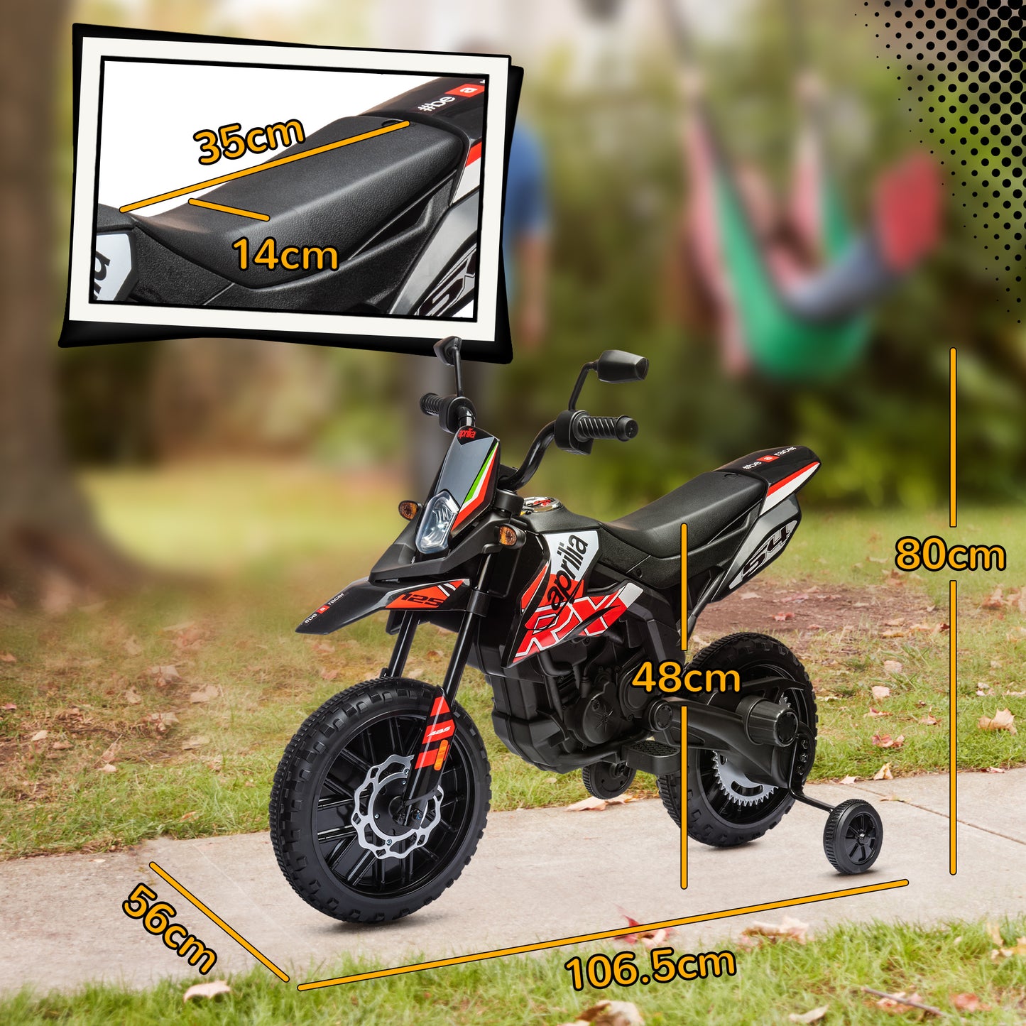 AIYAPLAY 12V Aprilia Licenced Kids Motorbike with Training Wheels, Spring Suspension, LED Light, USB, Music, Red / Yellow