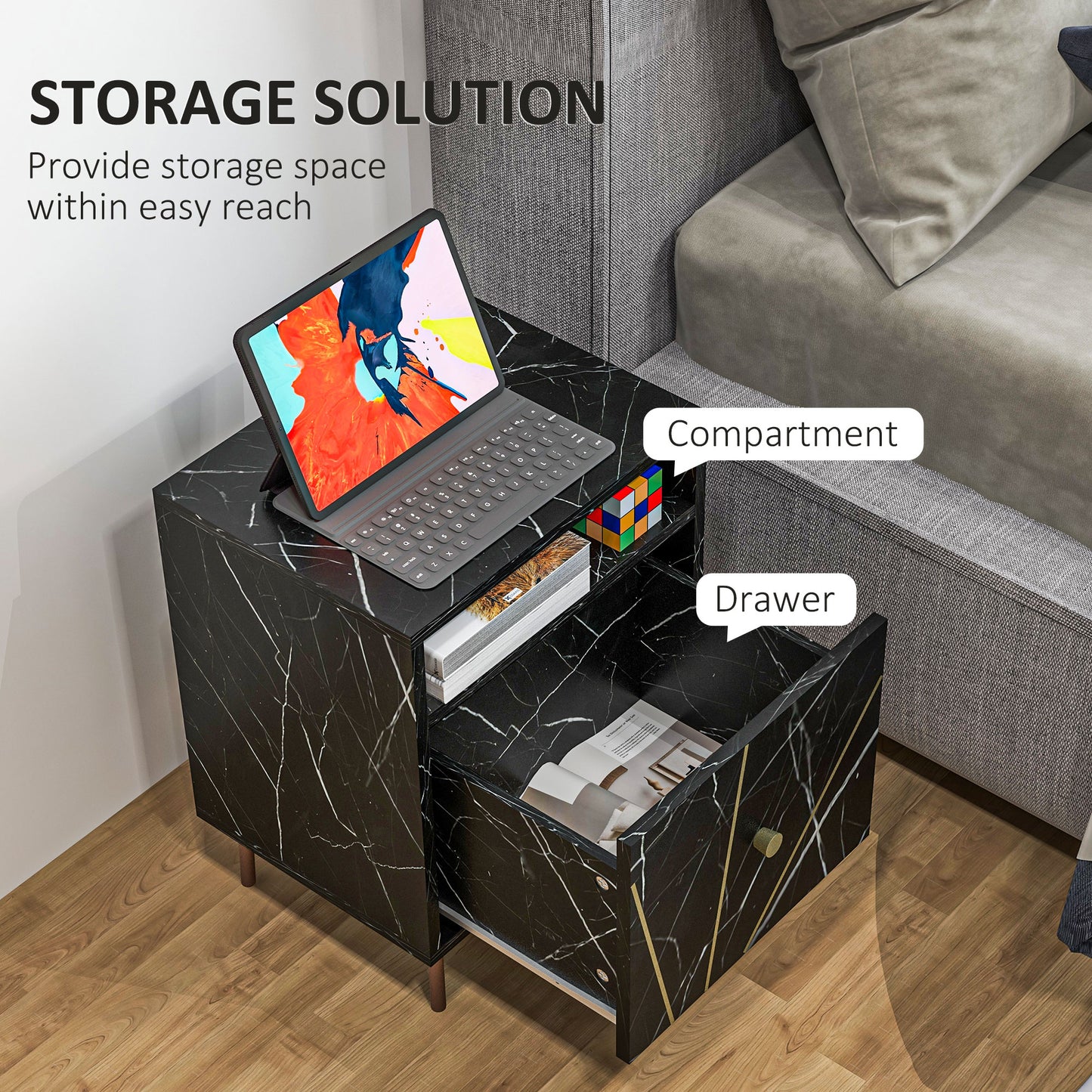 Marble Effect Bedside Table, Modern Side Table with Drawer, Open Shelf and Gold Tone Metal Legs for Bedroom, Living Room, Black