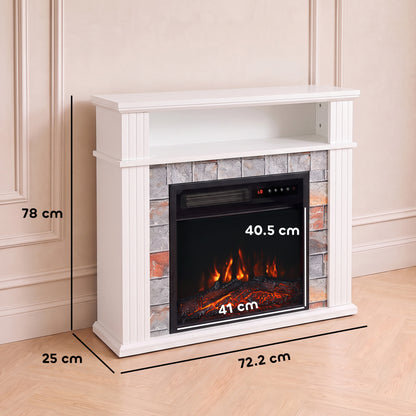 Electric Fireplace Suite | 1800W White Fire & Surround | Open Storage Shelf | Adjustable LED Flames | Remote & 8-Hour Timer