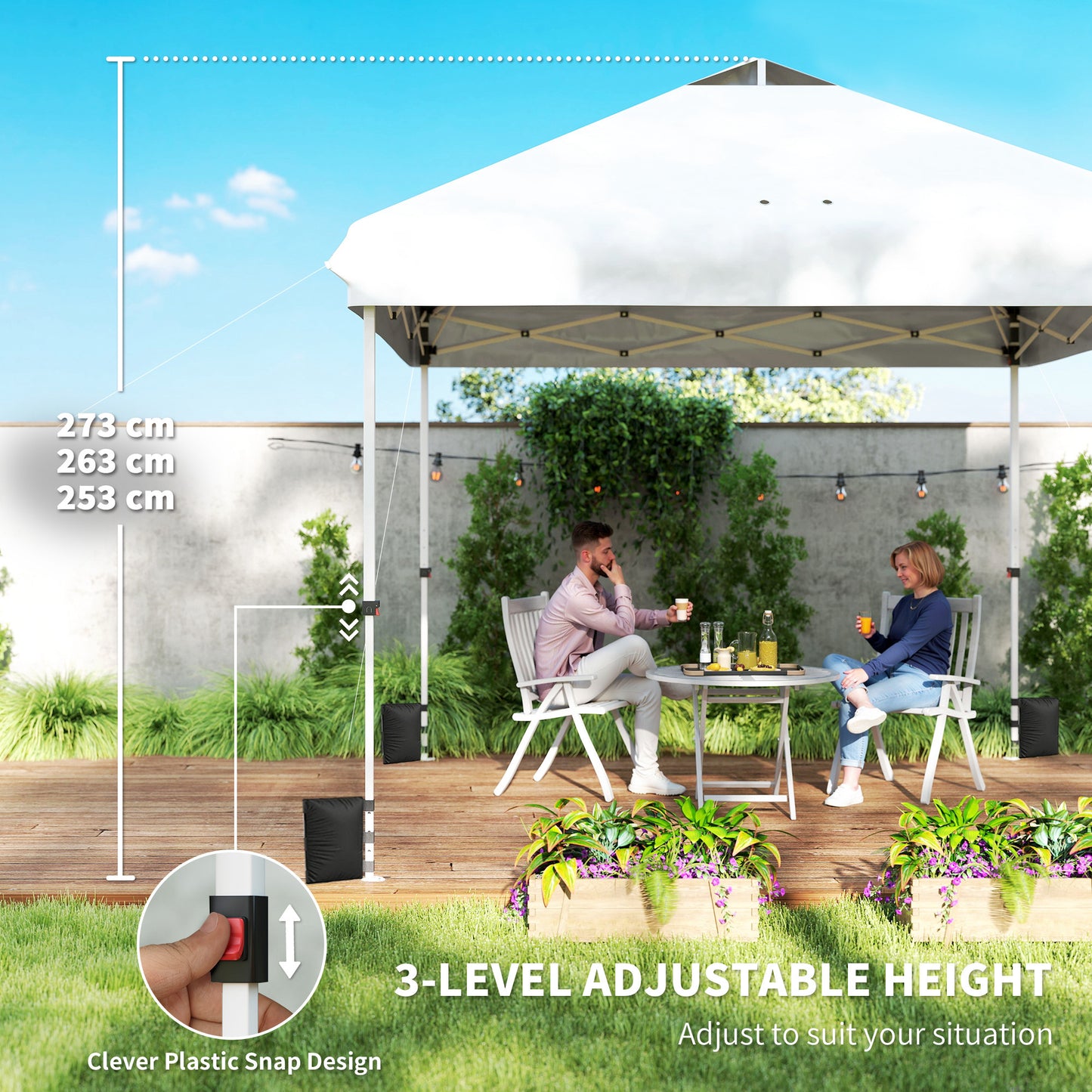 3x3m Pop-Up Gazebo with Flip-Down Wheels & One-Push Central Lock | UPF50+ 210D Oxford Fabric | Top Mesh Vent | 3-Height Adjustment | 4 Sandbags, 4 Guy Ropes & 12 Stakes | Carry Bag | 300x300x273cm | White