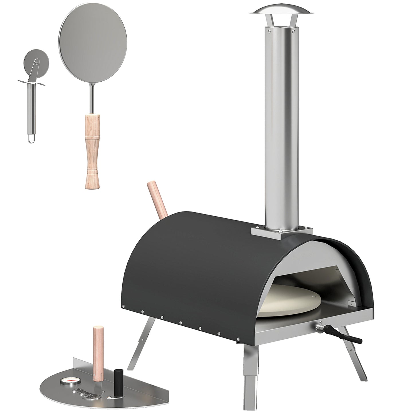 Wood-Fired Outdoor Pizza Oven | 500°C in 10 Mins | Rotating Stone | Peel Included | Foldable Legs | Black