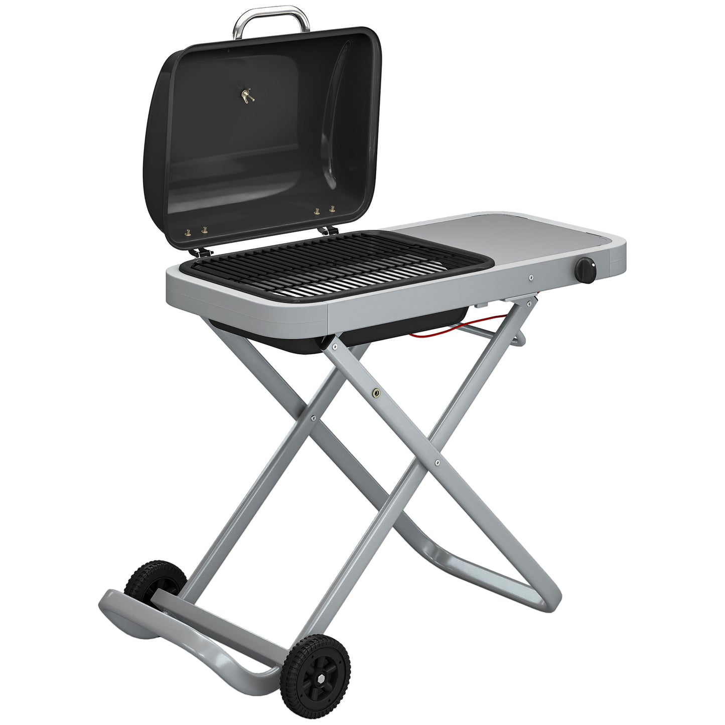 Foldable Suitcase Gas BBQ Grill | 2.5kW | 1800cm² | Wheeled | Side Table | Thermometer | Grease Tray | LPG/Propane | 109x55x89cm | Black