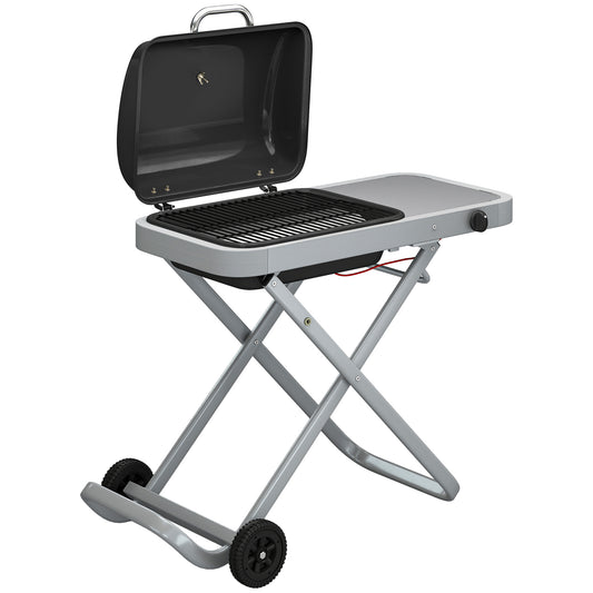 Foldable Suitcase Gas BBQ Grill | 2.5kW | 1800cm² | Wheeled | Side Table | Thermometer | Grease Tray | LPG/Propane | 109x55x89cm | Black