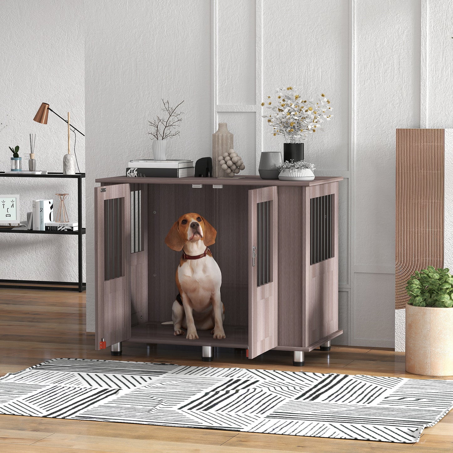 Dog Crate Furniture Side Table | Magnetic Door & Bolt | Elevated Base | Steel Bar Ventilation | Medium & Large Dogs up to 40kg | 95 x 55 x 75cm | Purple