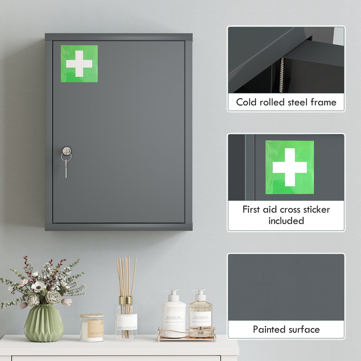 Kleankin Locking Medicine Cabinet | Smoke Grey Cold-Rolled Steel | 40x15x53.5cm | 3 Tiers | Lock & 2 Keys | Wall-Mounted | First Aid Cross | 15kg | No Assembly