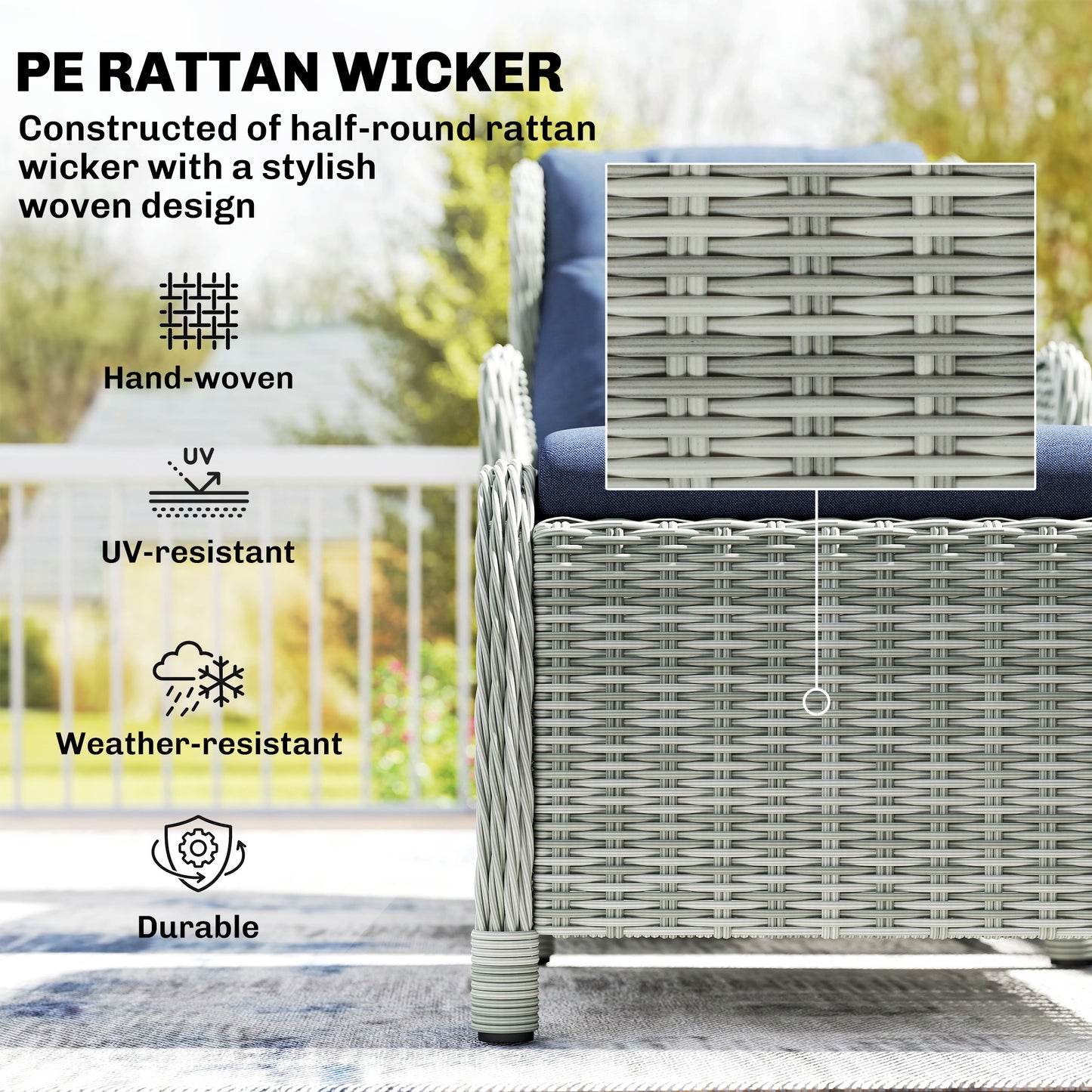 5 Piece Rattan Garden Furniture Set | 2 Reclining Chairs & 2 Footstools | Side Table | 90-135° Backrest | Aluminium Frame | Washable Cushions | 120kg | Dark Blue