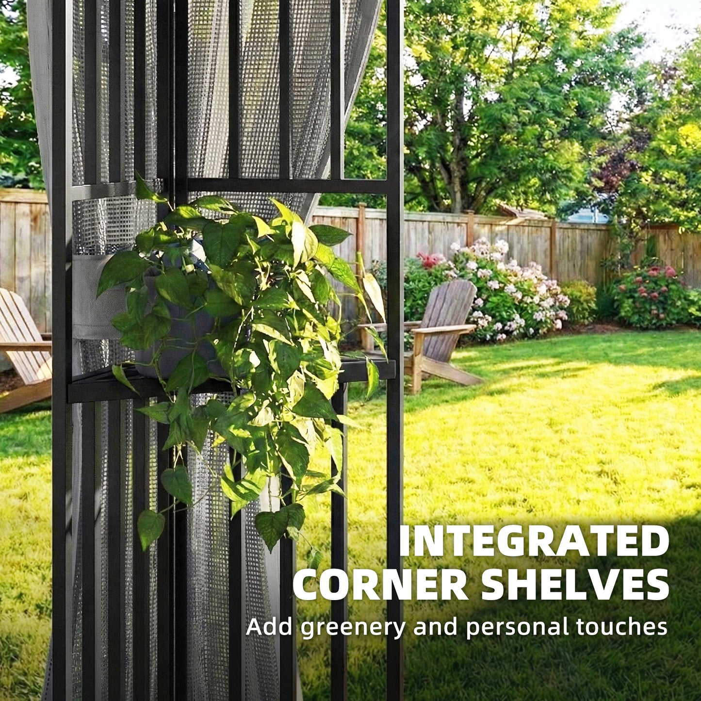 3.3x3.3m Garden Gazebo | Double-Tier UPF50+ Roof | 4 Mesh Panels | Triangular Powder-Coated Metal Frame | Corner Shelves | Roof Drainage Holes | Expansion Screws & Ground Stakes | Ceiling Hook | Dark Grey