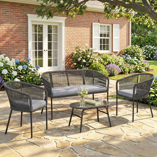 4-Piece Garden Sofa Set | PP Rope Weave | Loveseat, 2 Armchairs & Tempered Glass Table | Washable Cushion Covers | Powder-Coated Steel Frame | Adjustable Feet | Dark Grey