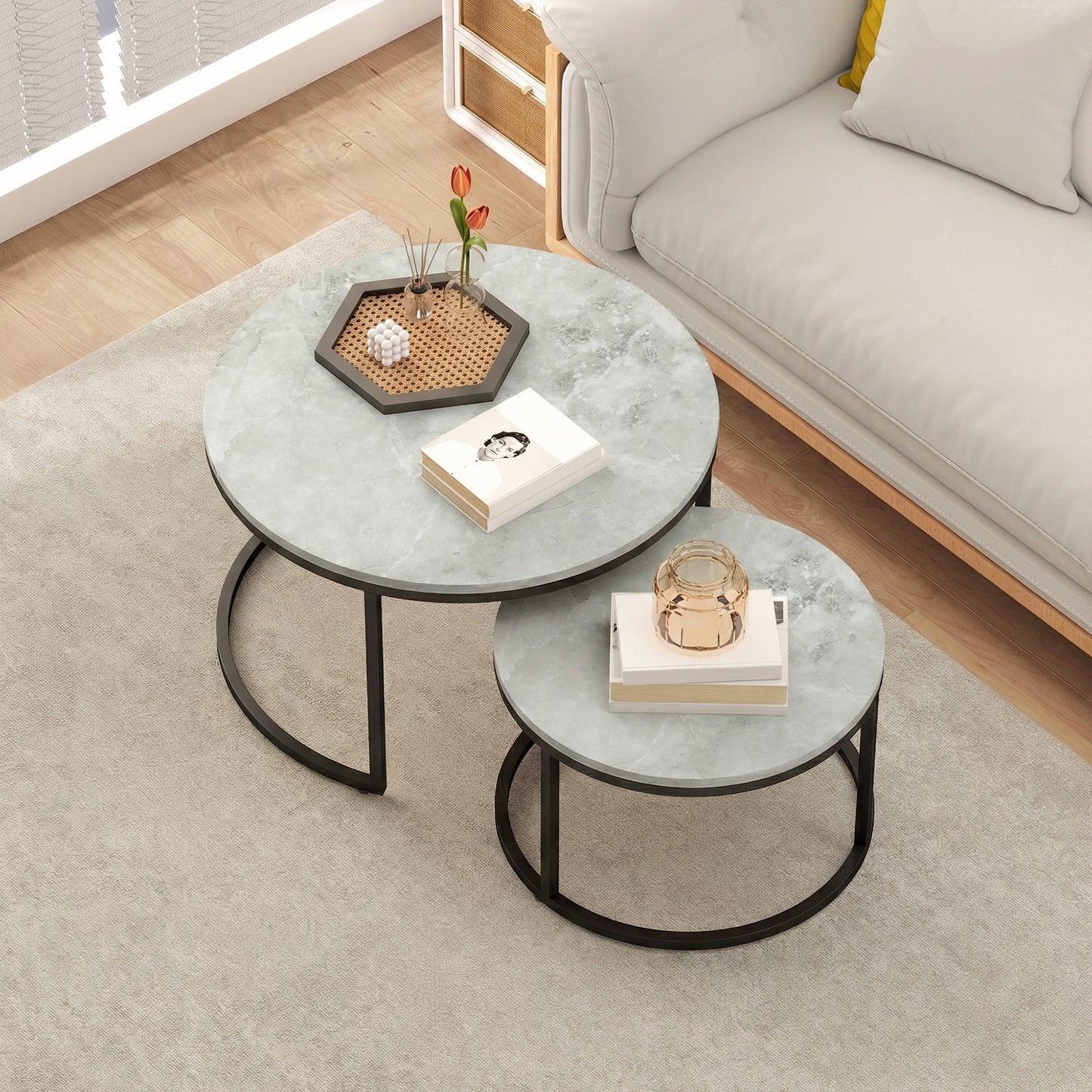 Set of 2 Stacking Coffee Tables | Round Marble Effect MDF Tops | Steel Frames | Stackable | Large 78.5cm & Small 59cm | 50kg | Marble Grey