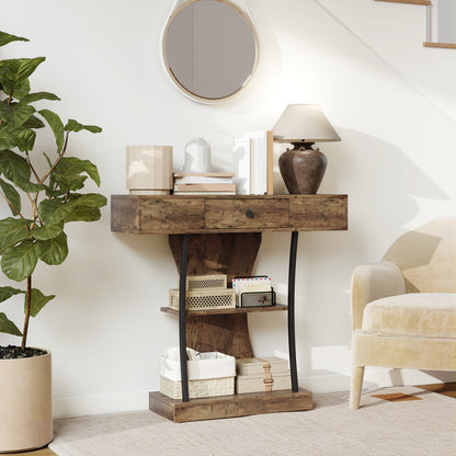 Industrial Console Table & Hallway Table | Drawer | 2 Open Shelves | Anti-Tip | 91x32x87cm | 45kg | Rustic Brown