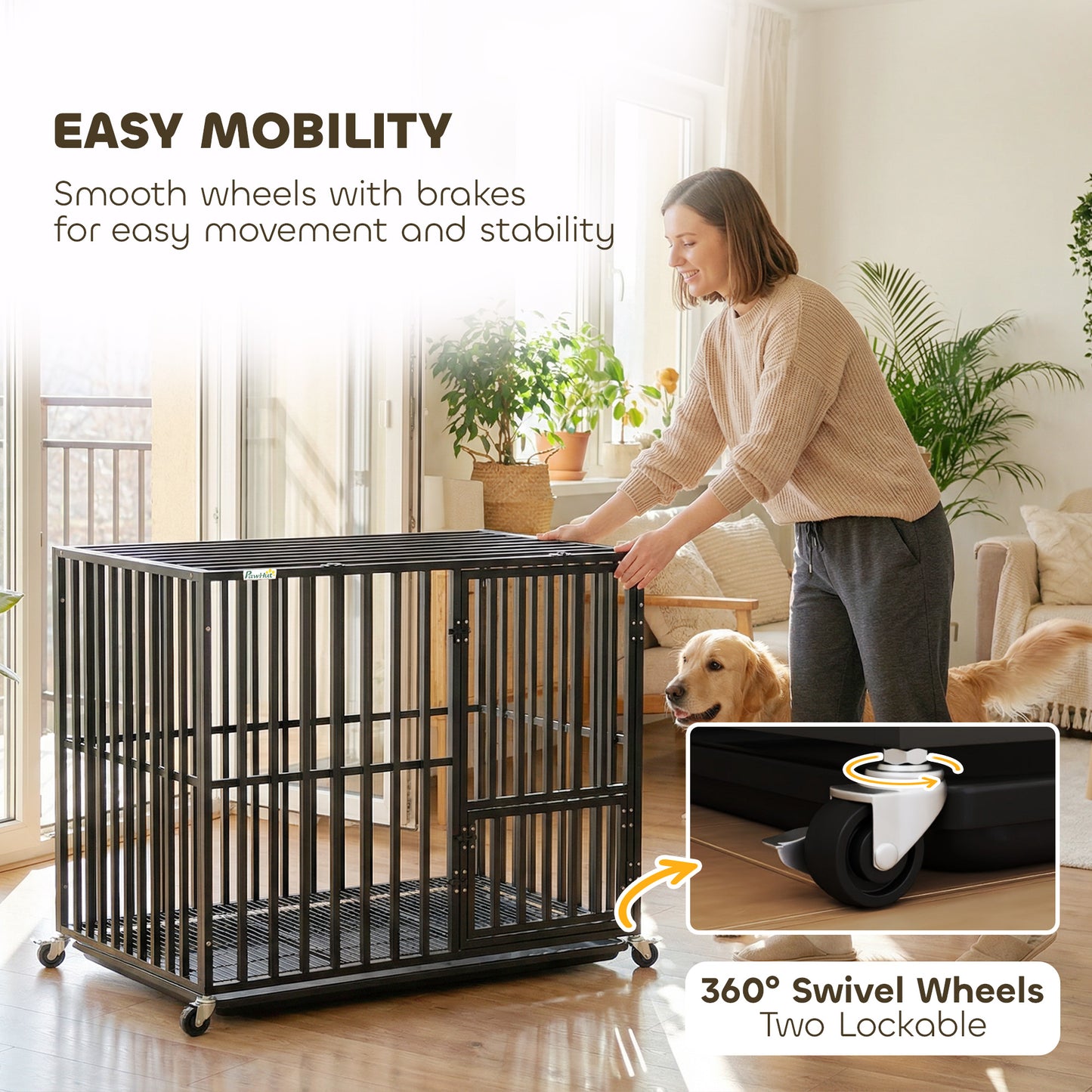Heavy Duty Dog Crate with Wheels | 3-Door Access | Removable Tray | Top Playpen Opening | Medium & Large Dogs up to 30kg | Black