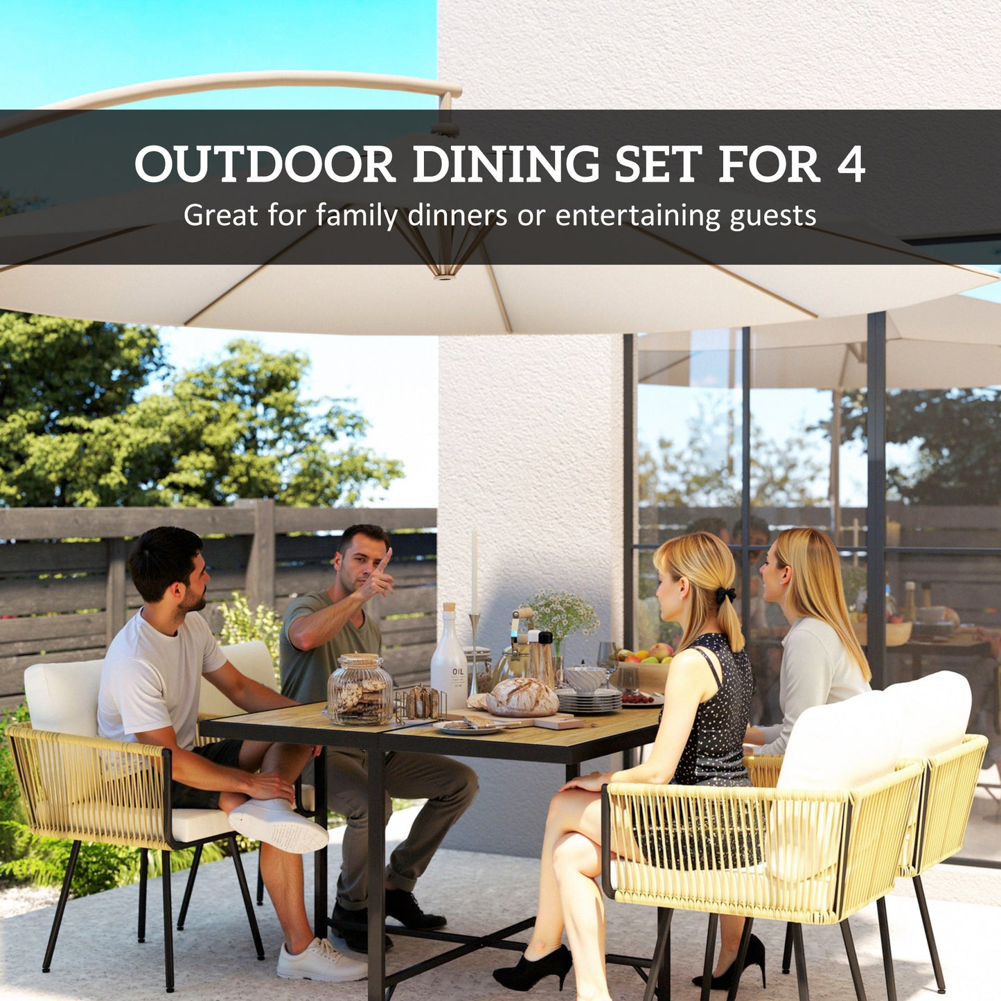 5-Piece Rattan Garden Dining Set | PS Wood-Plastic Table 110x110cm | 4 PE Rattan Armchairs | Thick Cushions | Zip Covers | Powder-Coated Metal Frame | Adjustable Feet | 120kg Chair Capacity | Beige