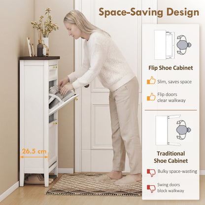 Farmhouse Narrow Shoe Cabinet | 2 Flip Drawers + Top Drawer | Gold Handles | White | 108.5cm