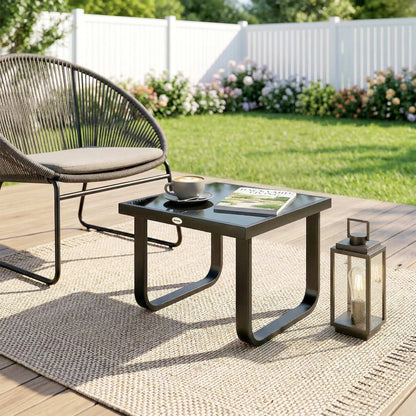 Outdoor Garden Coffee Table | Tempered Glass Top | Powder Coated Metal Frame | Adjustable Feet | 45x45x33cm | 30kg | Black