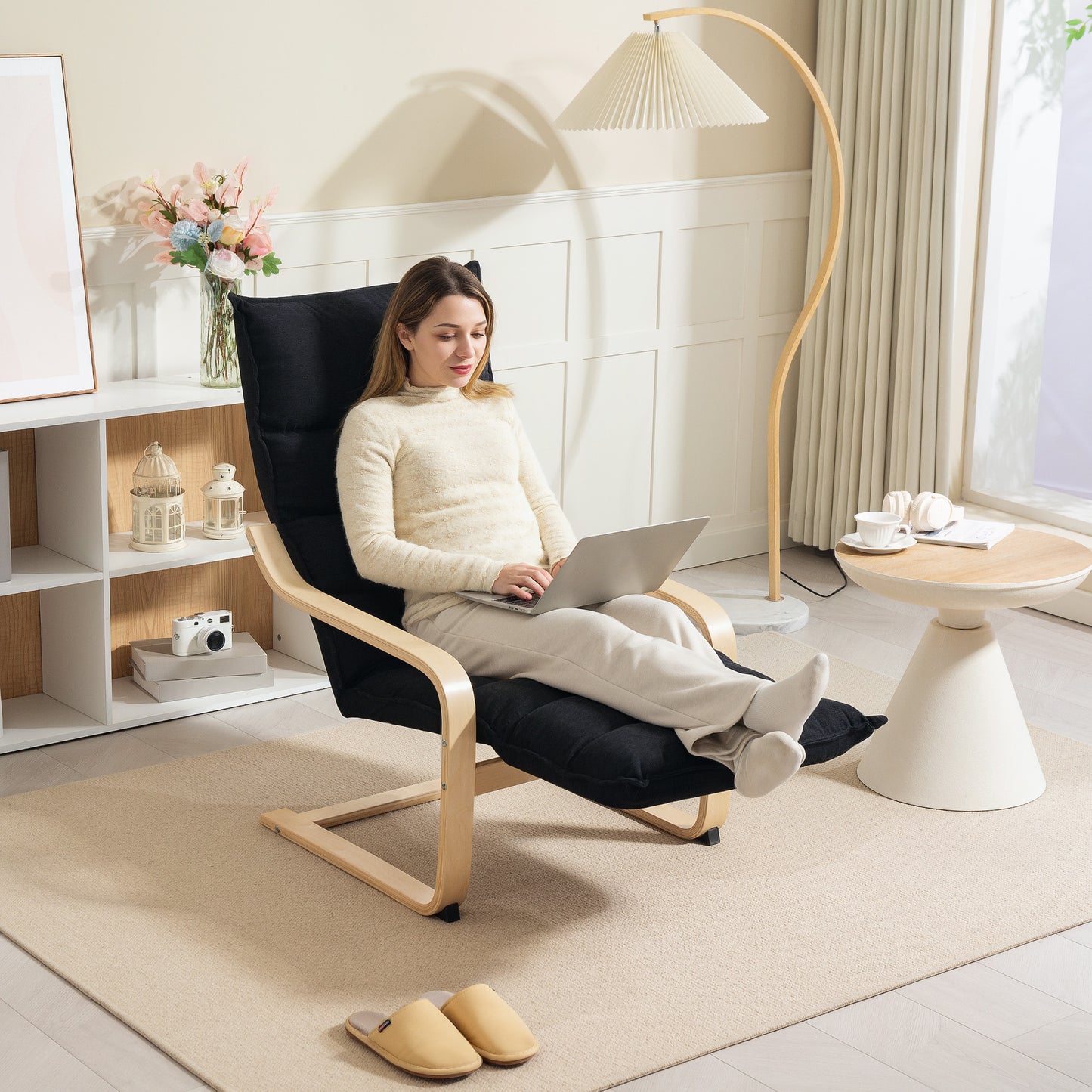 Wood Lounge Chair, Upholstered Recliner Lounge Seat with Adjustable Footrest, Armchair for Living Room, Bedroom, Balcony, Office, Black