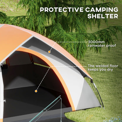Outsunny 4-5 Man Single Room Camping Tent, 3000mm Waterproof, with Sewn-in Groundsheet and Carry Bag, Grey and Orange