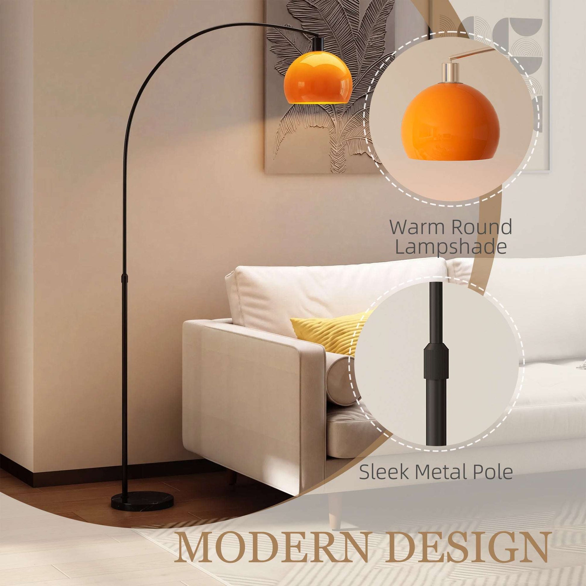 Modern Floor Lamp | Marble Base | Curved Head | Round Shade | Foot Switch | E27 | LED Compatible | 180cm | Black