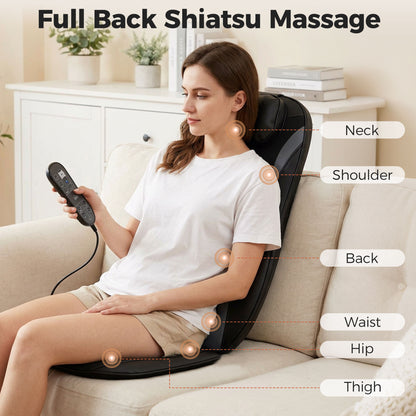 Shiatsu Back Massager Chair Pad | 4 Kneading Nodes | Spot Function | Heat | 3-Level Vibration | Car & Home | Black
