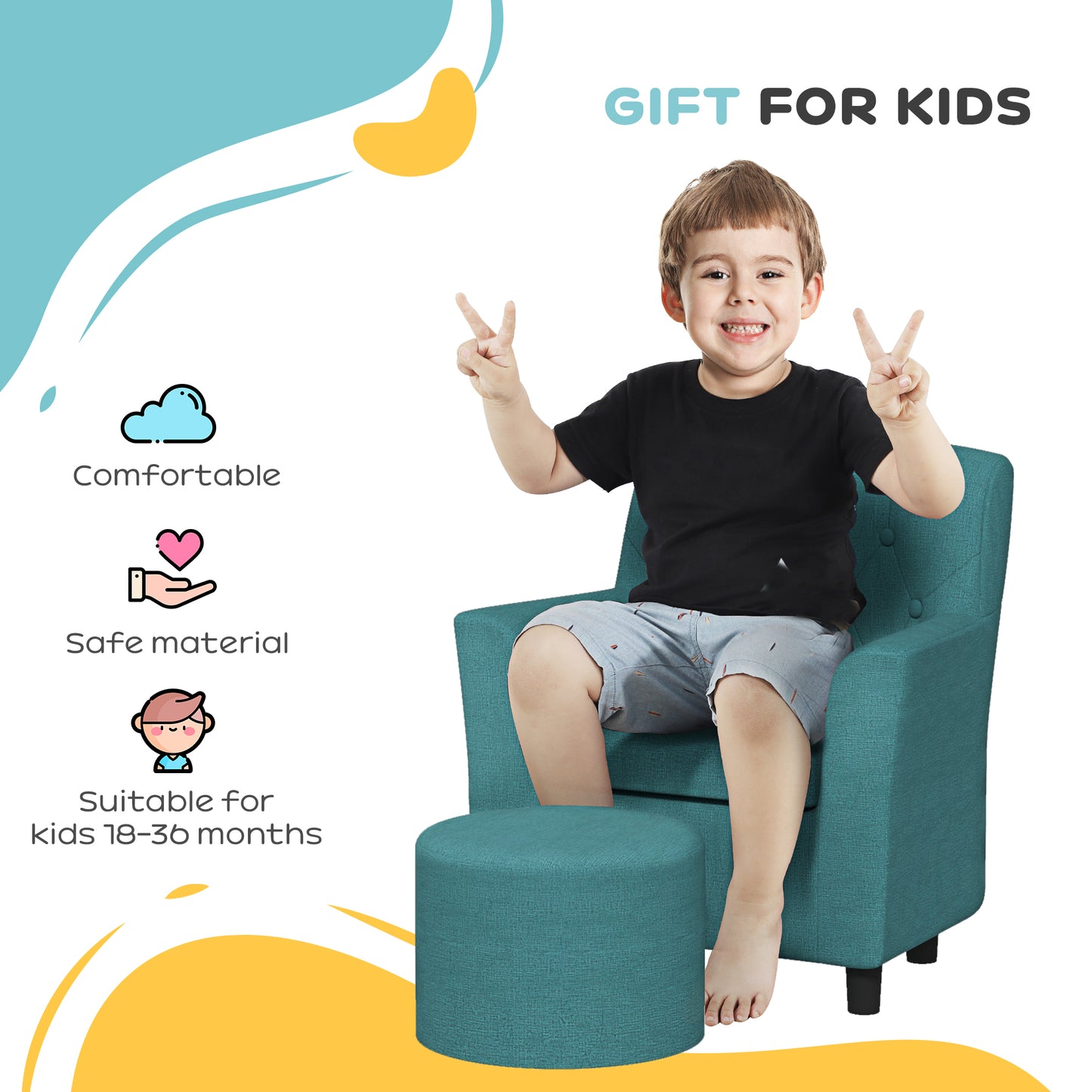 AIYAPLAY 2 Piece Kids Sofa Set with Footrest, for Playroom, Bedroom, Blue