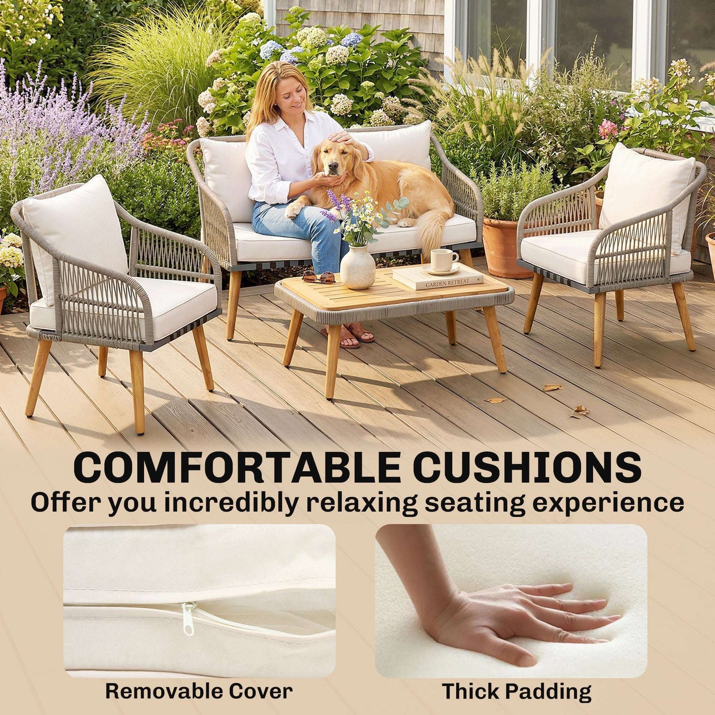 Outsunny 4 Piece Rattan Garden Furniture Set with Loveseat, Armchairs, Wood Table, Wicker Patio Conversation Set, Cream White