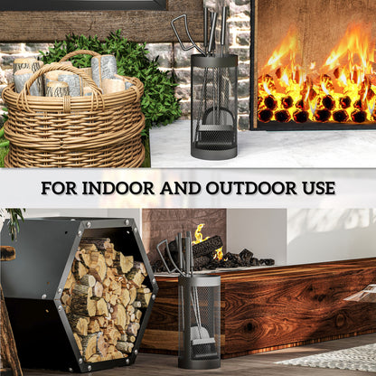 5-Piece Fireplace Tools Set | Mesh Basket | Broom | Shovel | Tongs | Poker | Indoor & Outdoor | Black