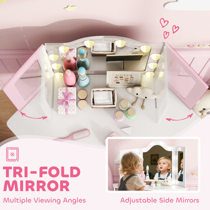 AIYAPLAY Kids Dressing Table and Stool Set, Girls Vanity Table with 2-Colour LED Lights, Tri-Folding Mirror, White