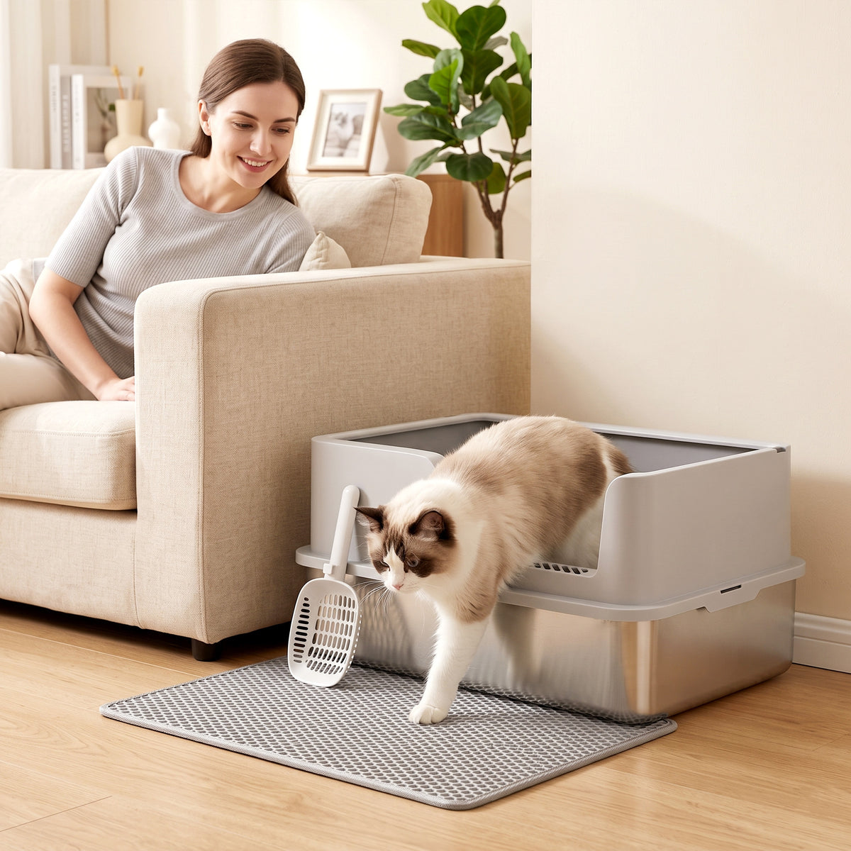 XL Cat Litter Tray | 201 Stainless Steel Pan | Semi-Enclosed PP Lid | High Sides & Sealed Seams | 30L | Cats up to 8kg | 60x40cm Litter Mat | Scoop Brush & Hook | 60x40x30cm | Inner 56x36x15cm | Light Grey