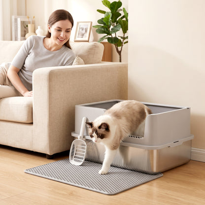XL Cat Litter Tray | 201 Stainless Steel Pan | Semi-Enclosed PP Lid | High Sides & Sealed Seams | 30L | Cats up to 8kg | 60x40cm Litter Mat | Scoop Brush & Hook | 60x40x30cm | Inner 56x36x15cm | Light Grey