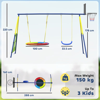 4-in-1 Kids Swing Set with Saucer Swing, Basketball Hoop & Football Goal – Rust-Proof A-Frame, 150kg Capacity, Adjustable Heights, Ages 3–8