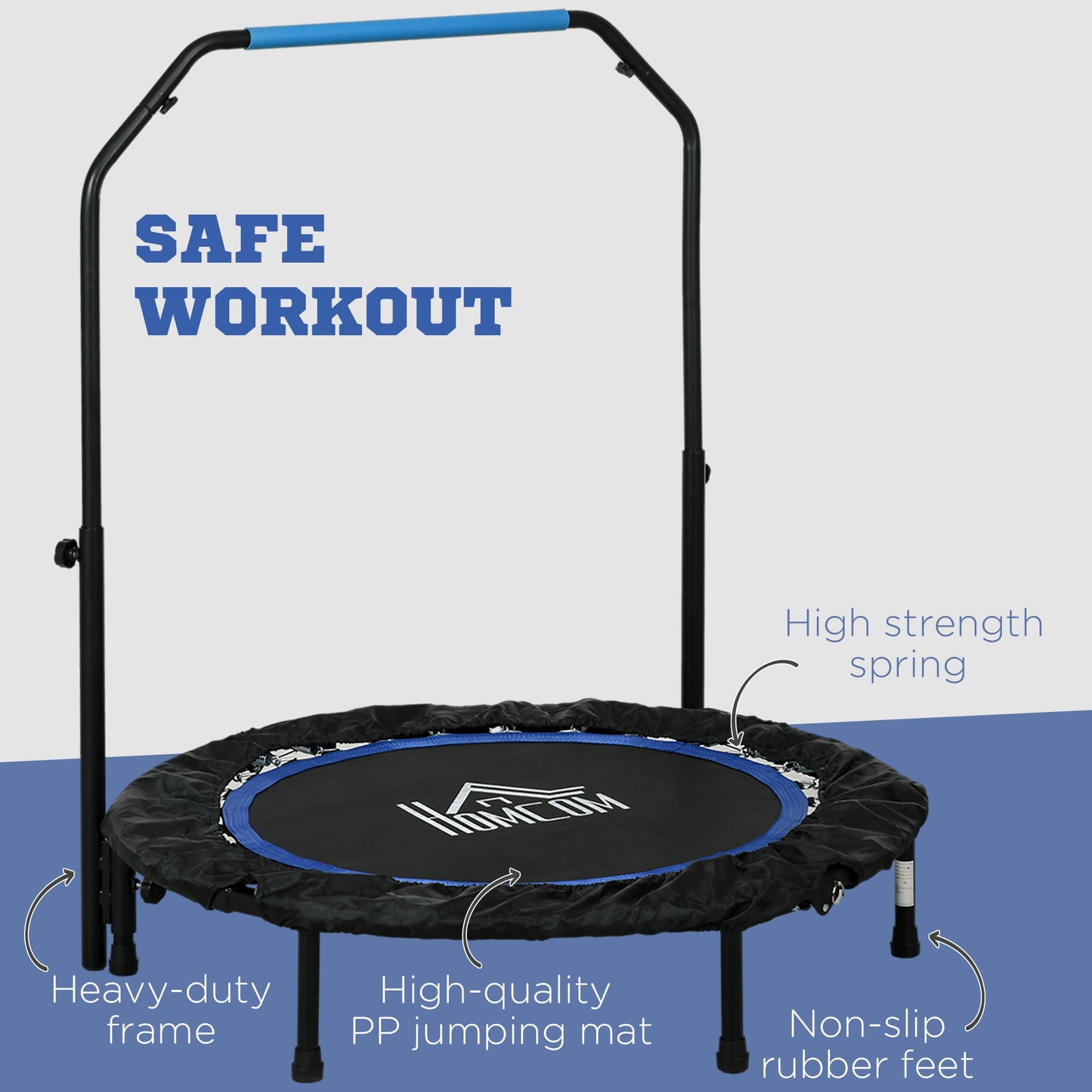 40" Foldable Mini Fitness Trampoline, with Adjustable Foam Handle, Blue