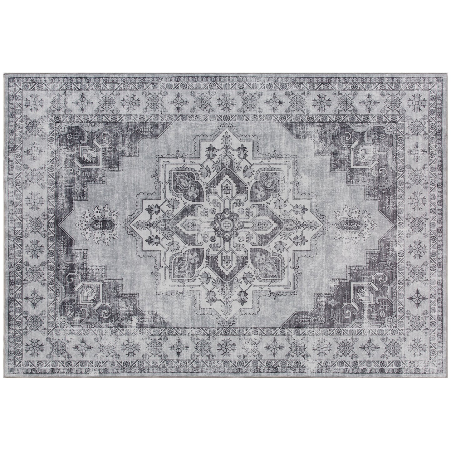 Vintage Floral Area Rug | Machine Washable | Soft Flannel 100% Polyester | TPR Non-Slip Backing | Foldable | 290x200cm | Grey | Living Room Bedroom Dining Room Home Office