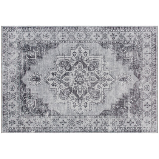 Vintage Floral Area Rug | Machine Washable | Soft Flannel 100% Polyester | TPR Non-Slip Backing | Foldable | 290x200cm | Grey | Living Room Bedroom Dining Room Home Office