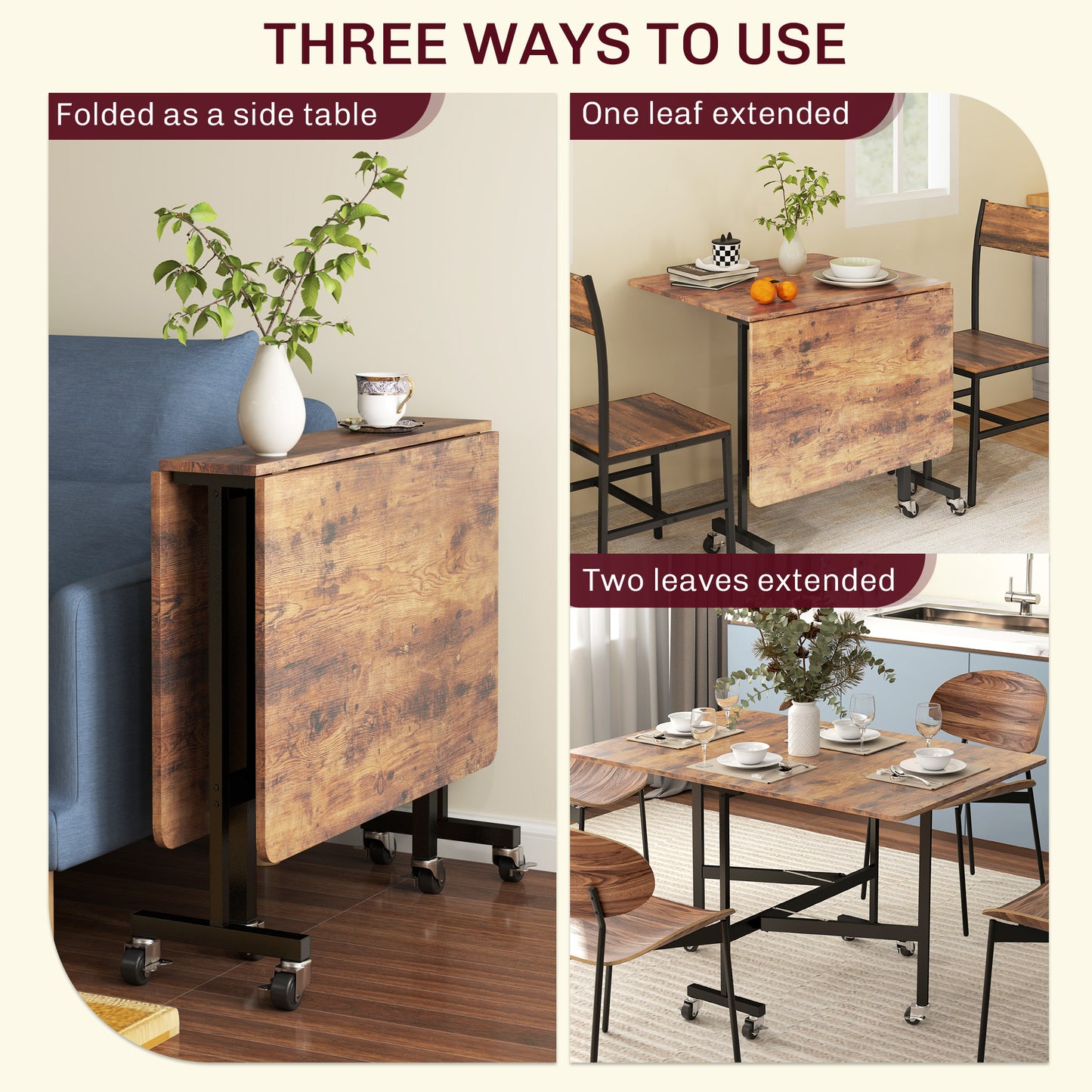Retro Style Six-Seater Drop-Leaf Dining Table, with Wheels - Brown Wood-Effect